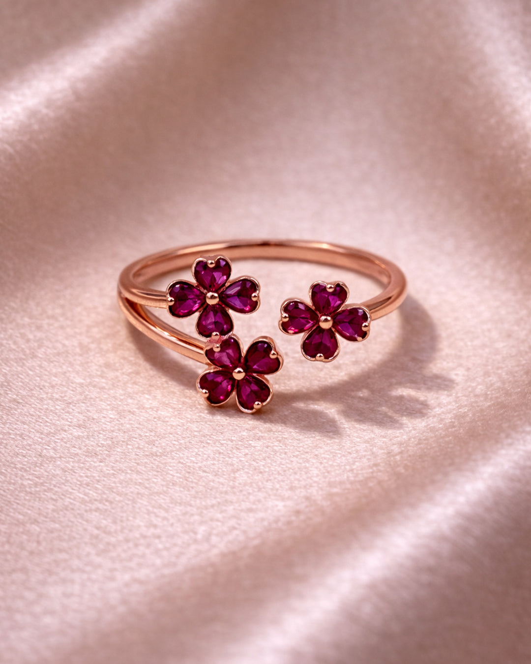 Red Rhythm 925 Sterling Silver Floral Adjustable Ring