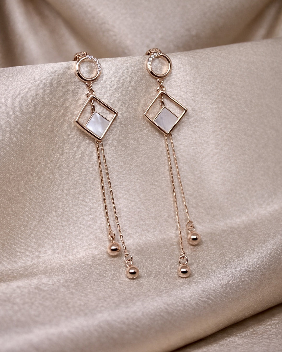 Sky High 925 Sterling Silver Rose Gold Mother of Pearl Geometric Tassel Drop Earrings