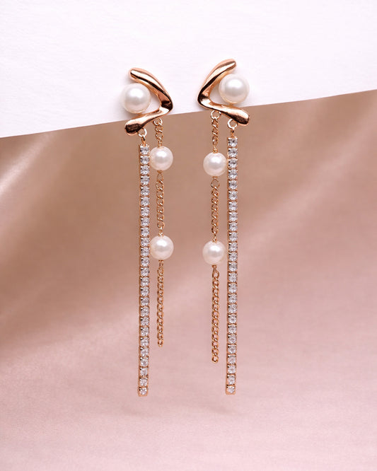 Aura Drops 925 Sterling Silver Rose Gold Pearl & Zircon Long Drop Earrings