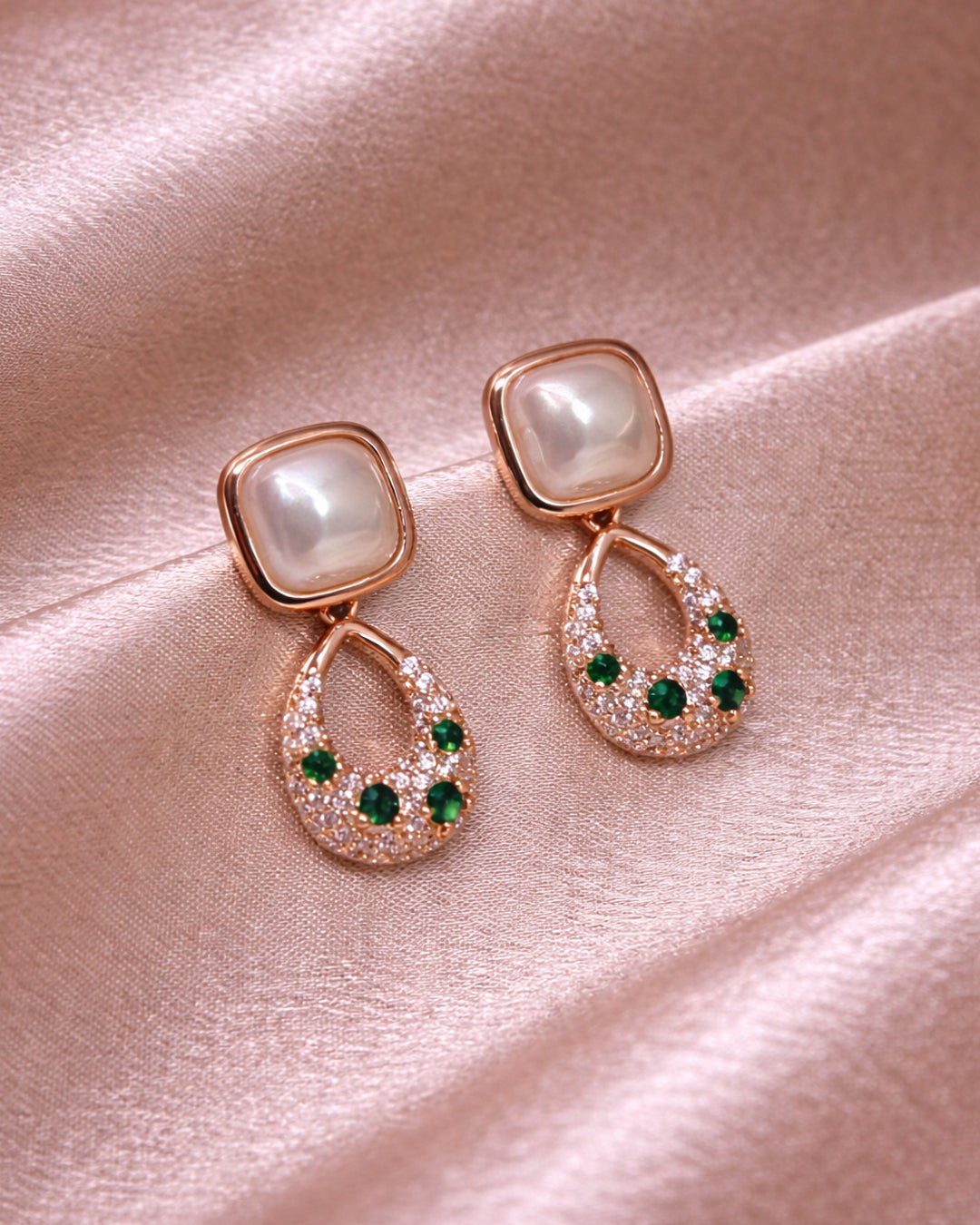 Humming Bird 925 Sterling Silver Rose Gold Pearl & Green Zircon Drop Earrings