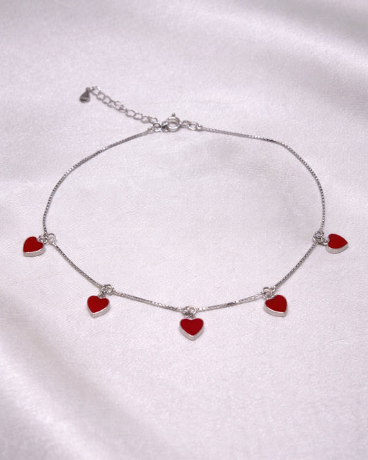 Forest Red 925 Sterling Silver Heart Charm Anklet
