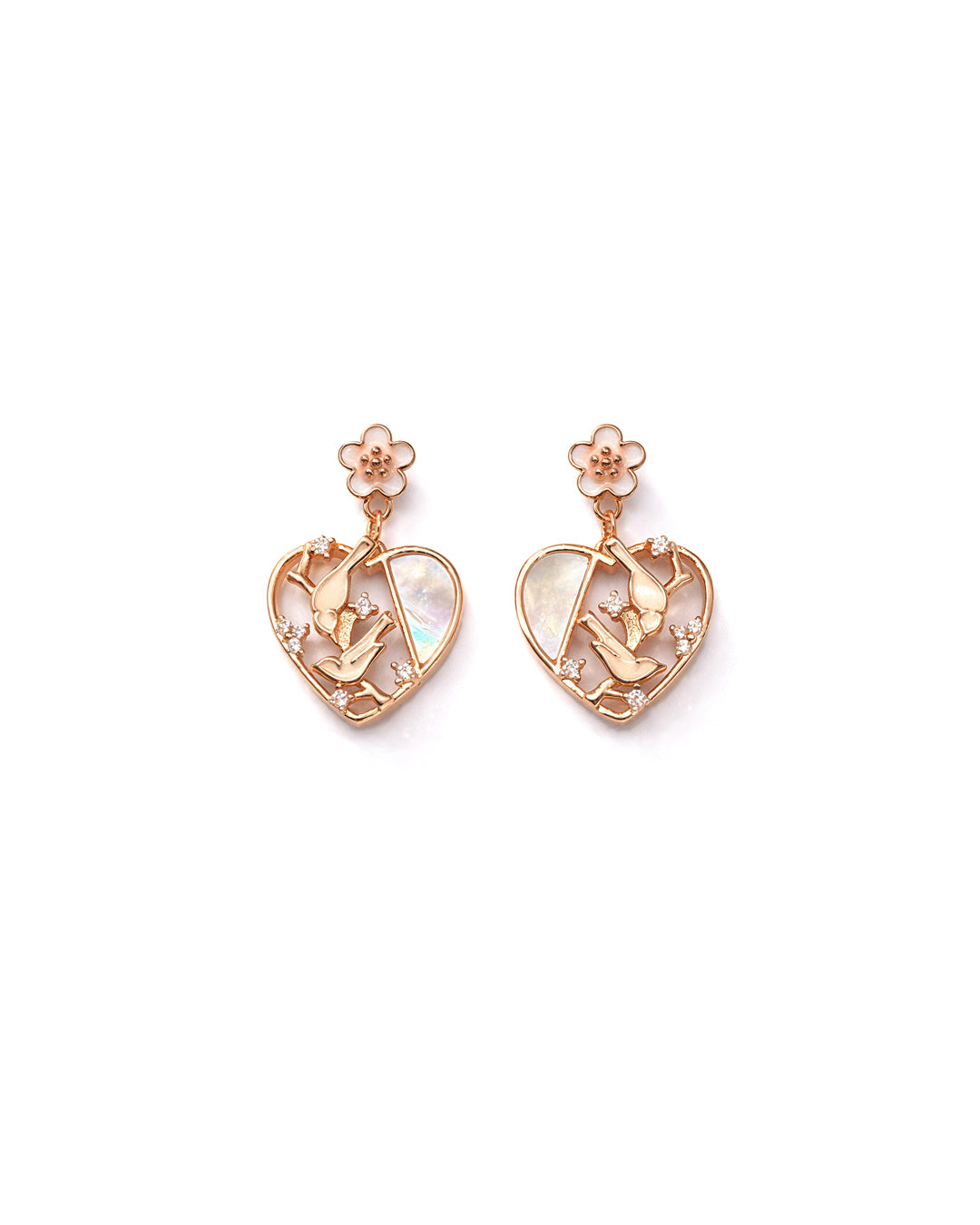 Chirping Heart 925 Sterling Silver Rose Gold Mother of Pearl Bird Heart Drop Earrings