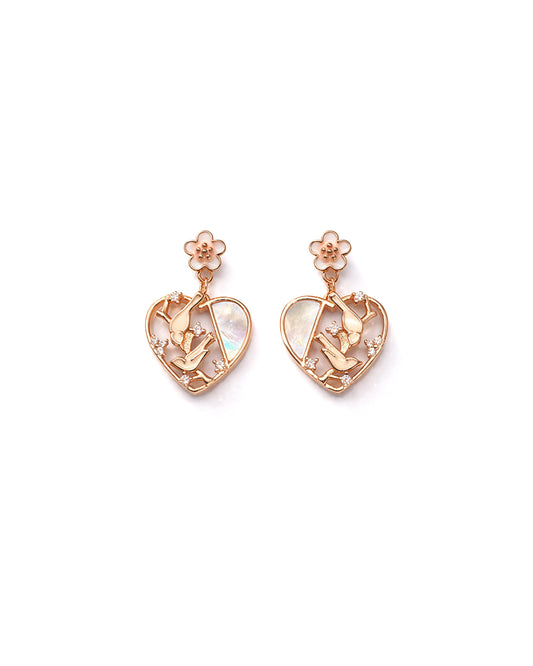 Chirping Heart 925 Sterling Silver Rose Gold Mother of Pearl Bird Heart Drop Earrings