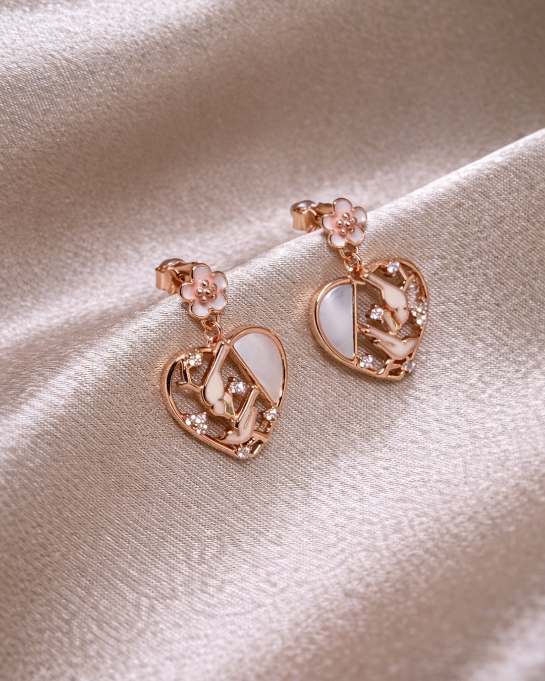Chirping Heart 925 Sterling Silver Rose Gold Mother of Pearl Bird Heart Drop Earrings