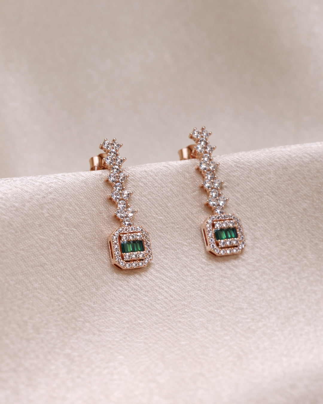Luna Drops 925 Sterling Silver Rose Gold Green Zircon Drop Earrings