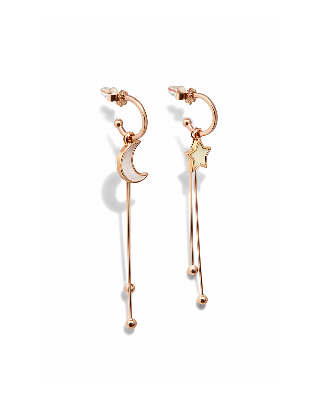 Moon and Star 925 Sterling Silver Rose Gold Celestial Long Drop Earrings