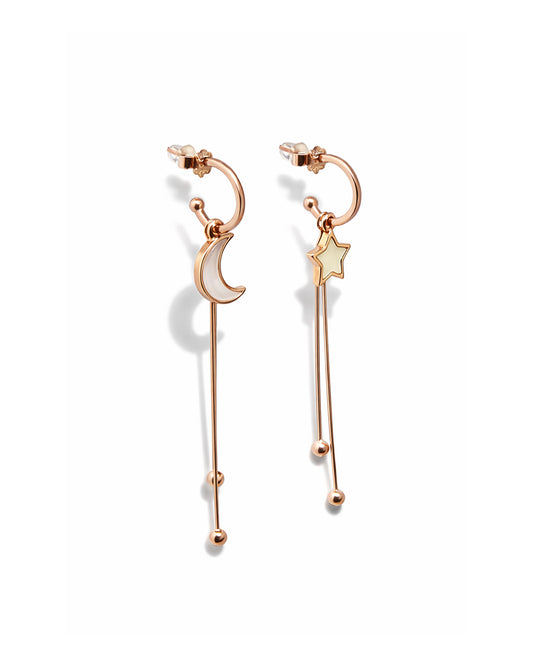Moon and Star 925 Sterling Silver Rose Gold Celestial Long Drop Earrings
