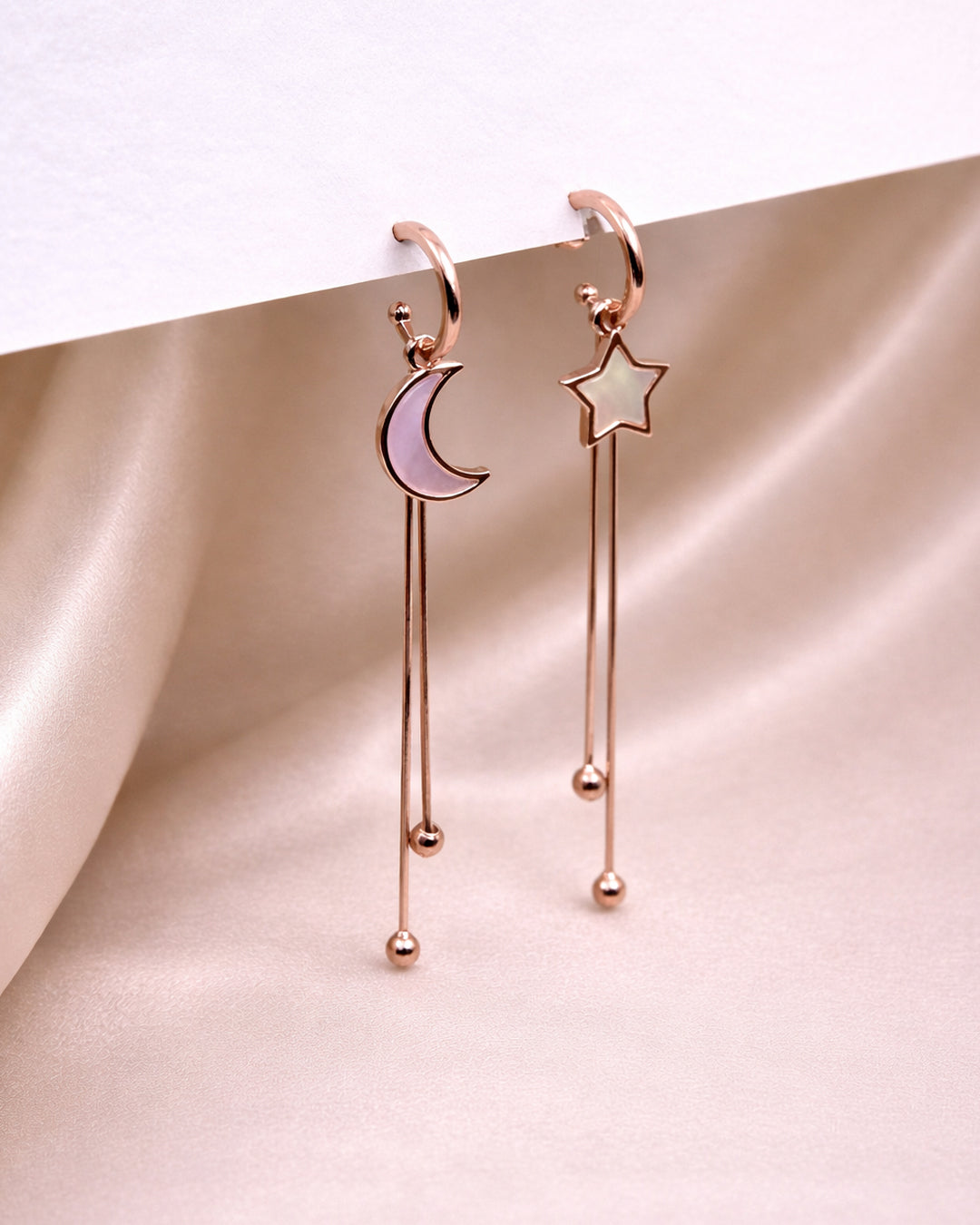 Moon and Star 925 Sterling Silver Rose Gold Celestial Long Drop Earrings