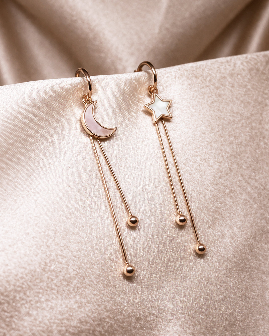 Moon and Star 925 Sterling Silver Rose Gold Celestial Long Drop Earrings