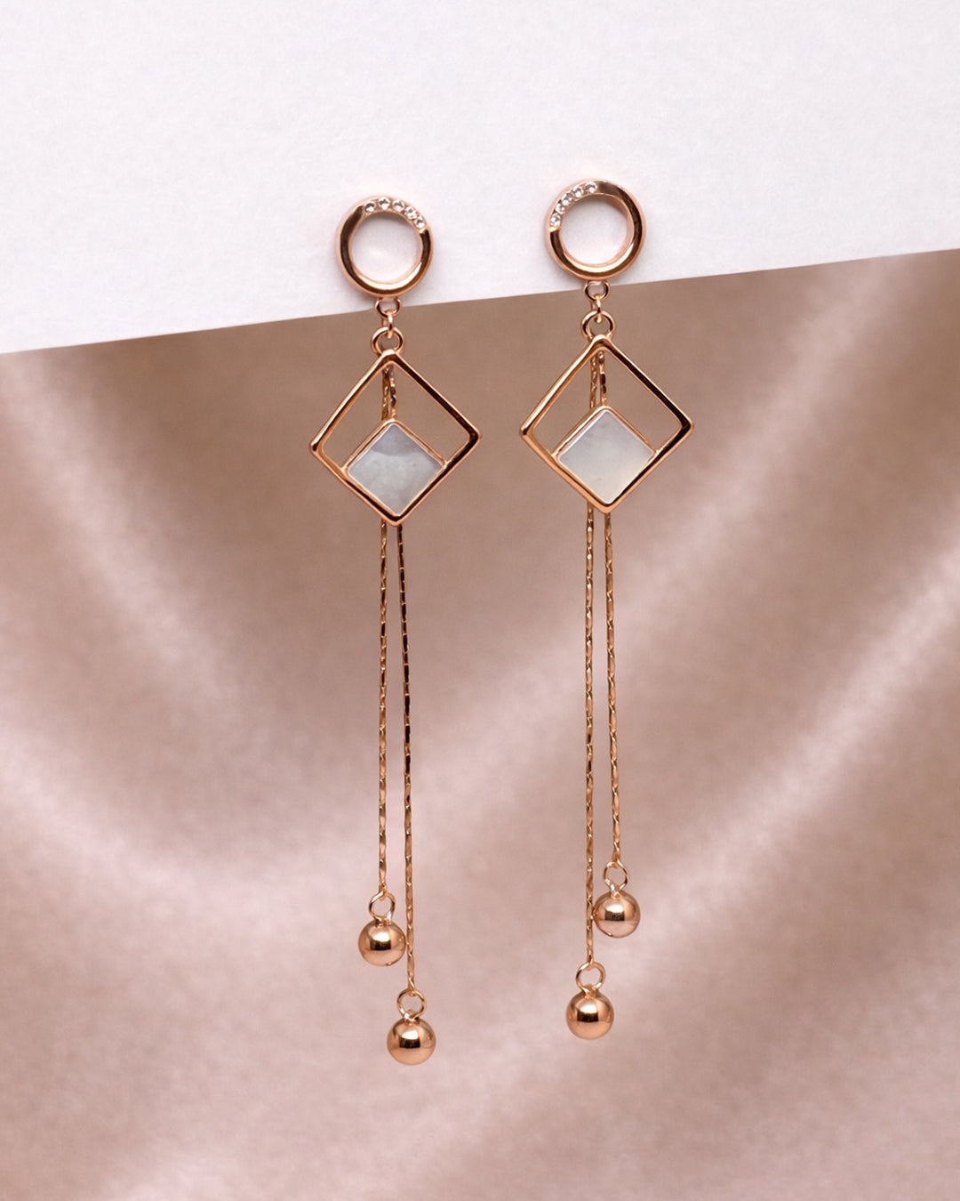 Sky High 925 Sterling Silver Rose Gold Mother of Pearl Geometric Tassel Drop Earrings