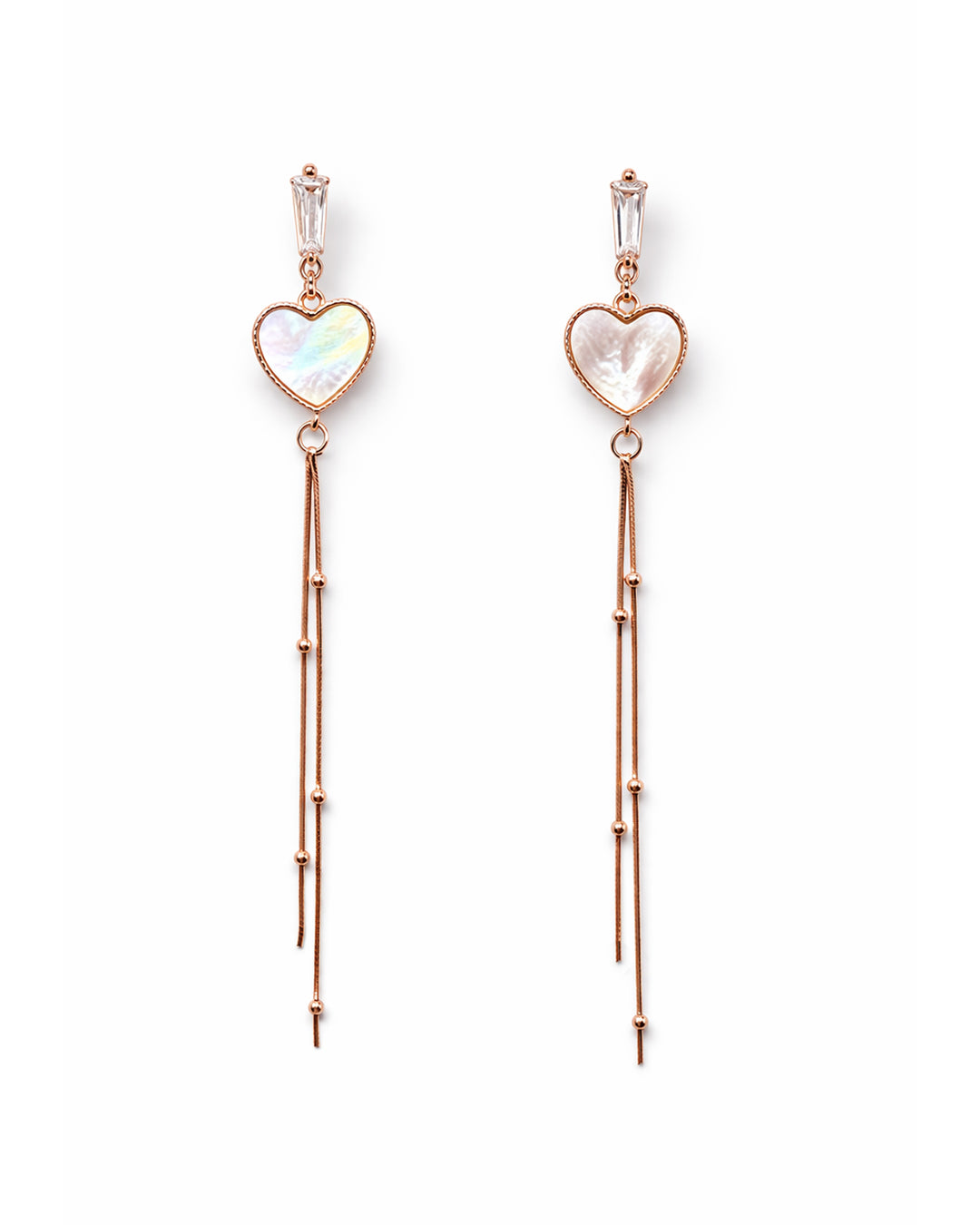 Long Boat 925 Sterling Silver Rose Gold Mother of Pearl Heart Tassel Drop Earrings
