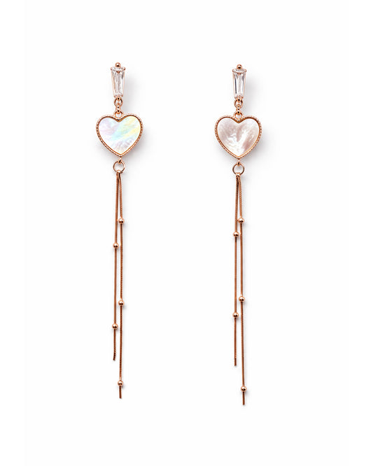 Long Boat 925 Sterling Silver Rose Gold Mother of Pearl Heart Tassel Drop Earrings