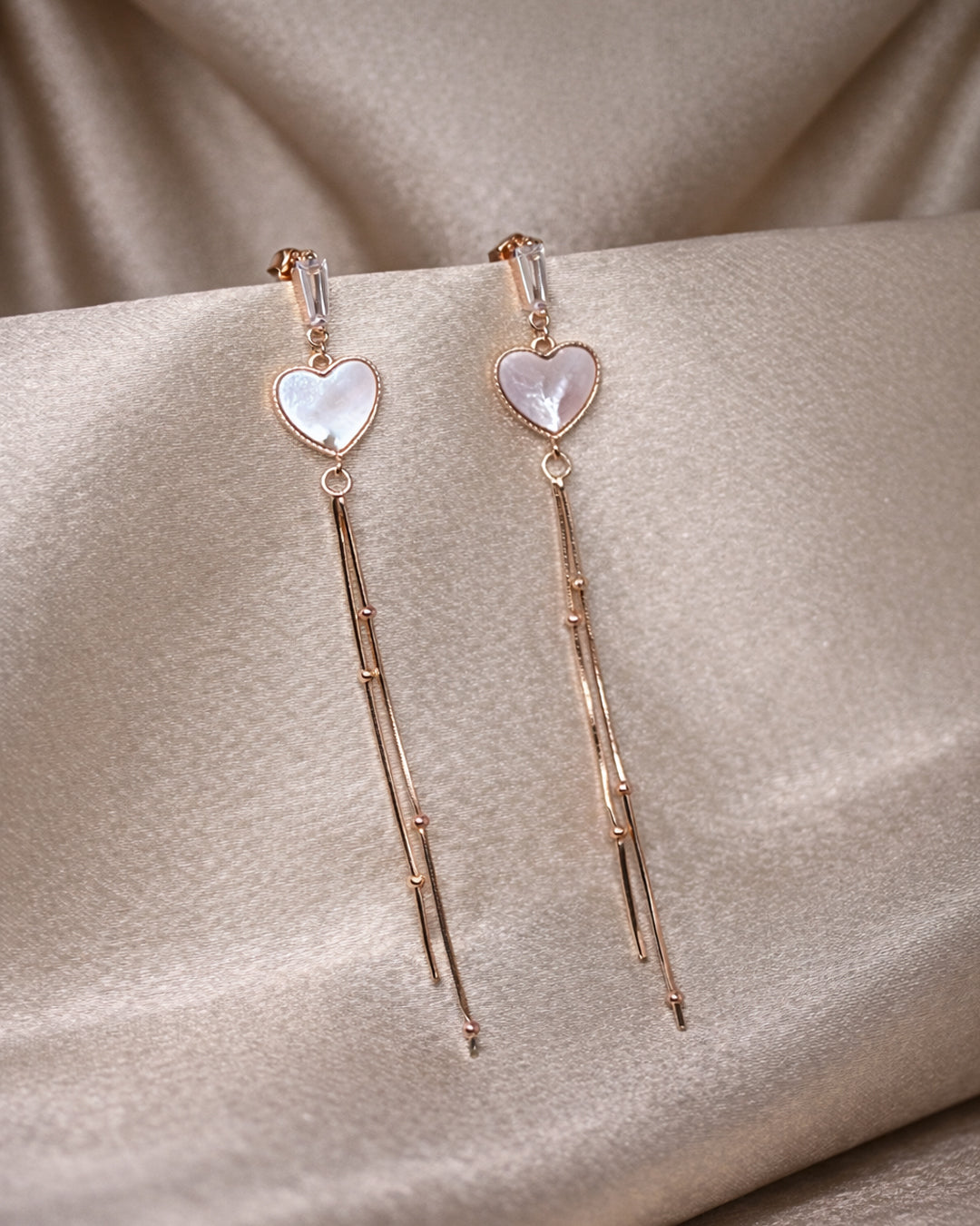 Long Boat 925 Sterling Silver Rose Gold Mother of Pearl Heart Tassel Drop Earrings