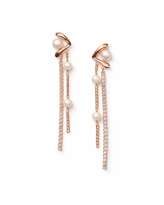 Aura Drops 925 Sterling Silver Rose Gold Pearl & Zircon Long Drop Earrings