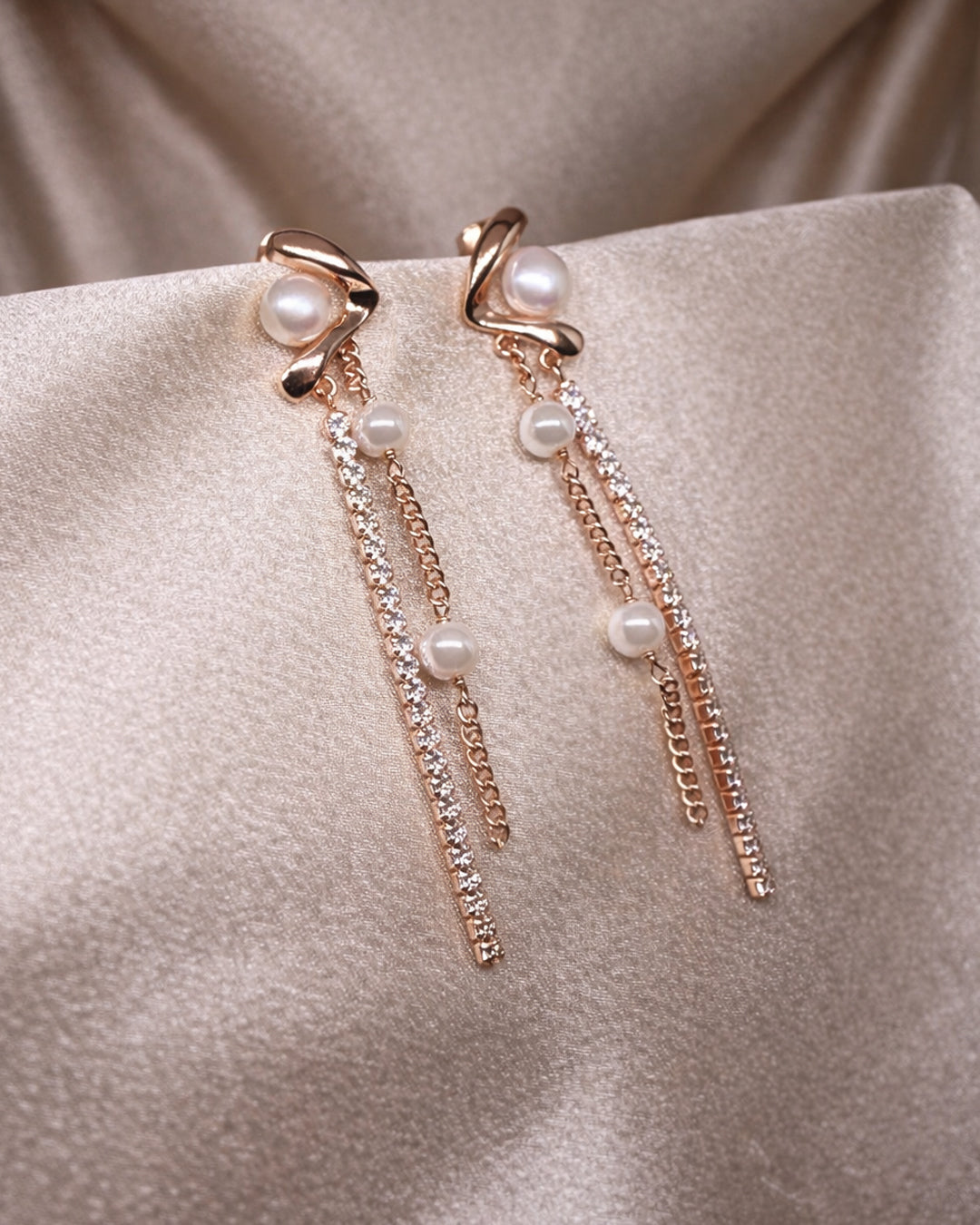 Aura Drops 925 Sterling Silver Rose Gold Pearl & Zircon Long Drop Earrings