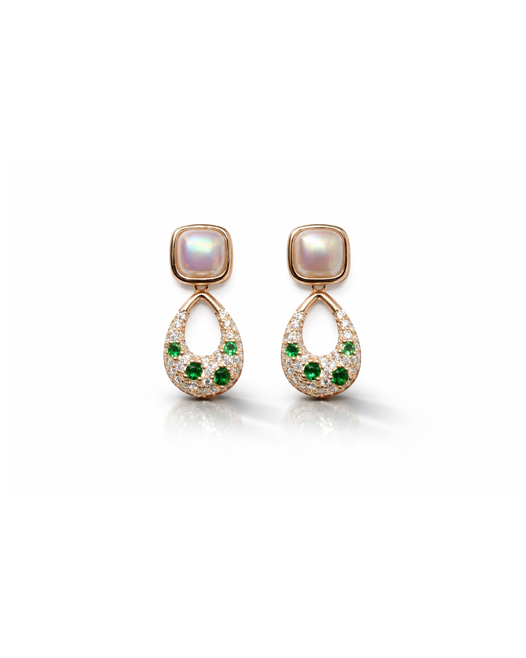 Humming Bird 925 Sterling Silver Rose Gold Pearl & Green Zircon Drop Earrings