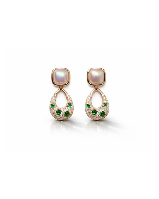 Humming Bird 925 Sterling Silver Rose Gold Pearl & Green Zircon Drop Earrings
